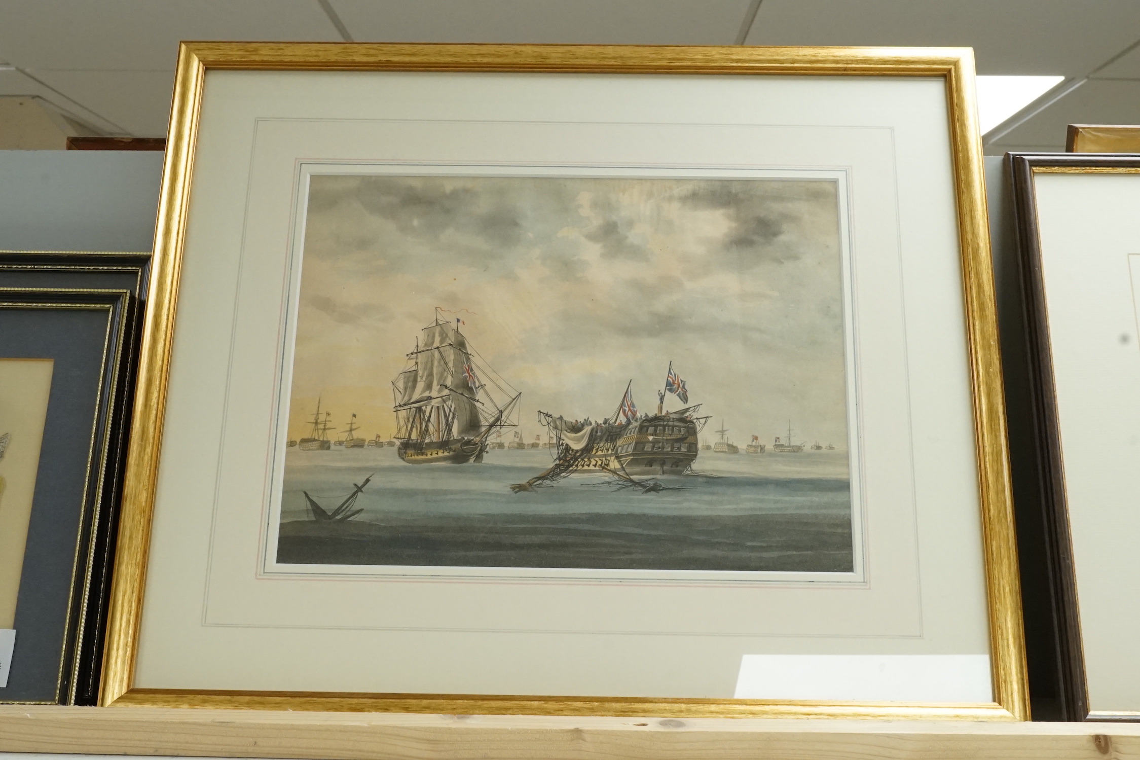 Samuel Atkins (fl.1765-1808), ink and watercolour, Shipping after the Battle of Trafalgar, HMS Victory receiving first tow', 24 x 32cm